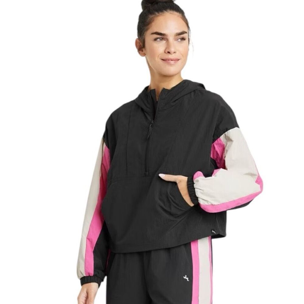JoyLab Hooded Nylon Pullover Quarter Zip Jacket Women’s Size Medium Black Pink